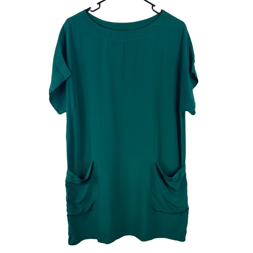 Joie 100% Silk Teal Blue Green Short Sleeve Pocket Dress Size XS Oversized